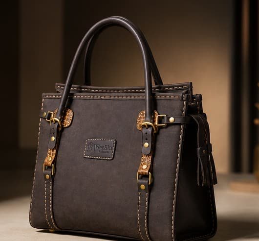 Binti dark brown leather tote with tassels and croc-embossed tabs