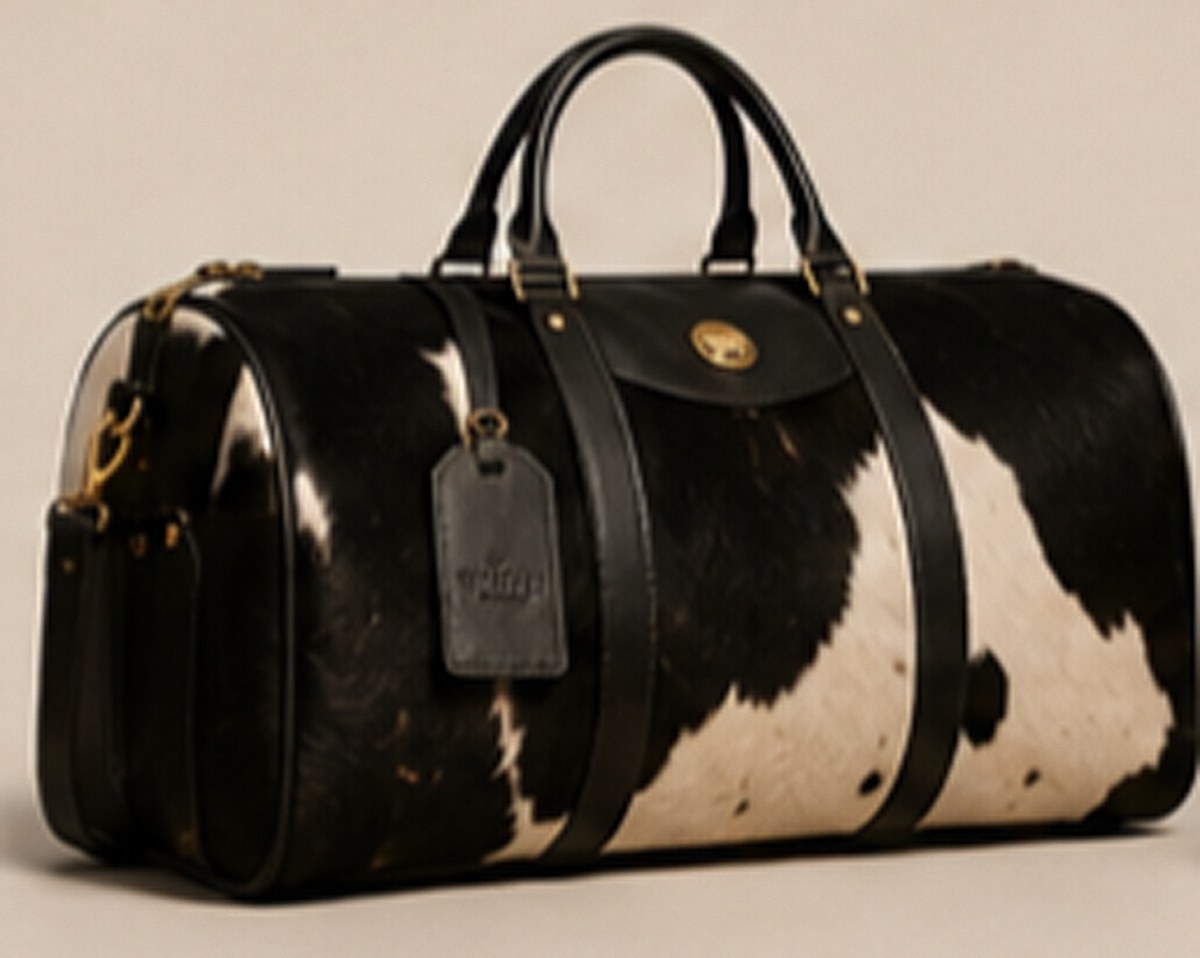 Kifaru black and white cowhide duffel bag with luggage tag