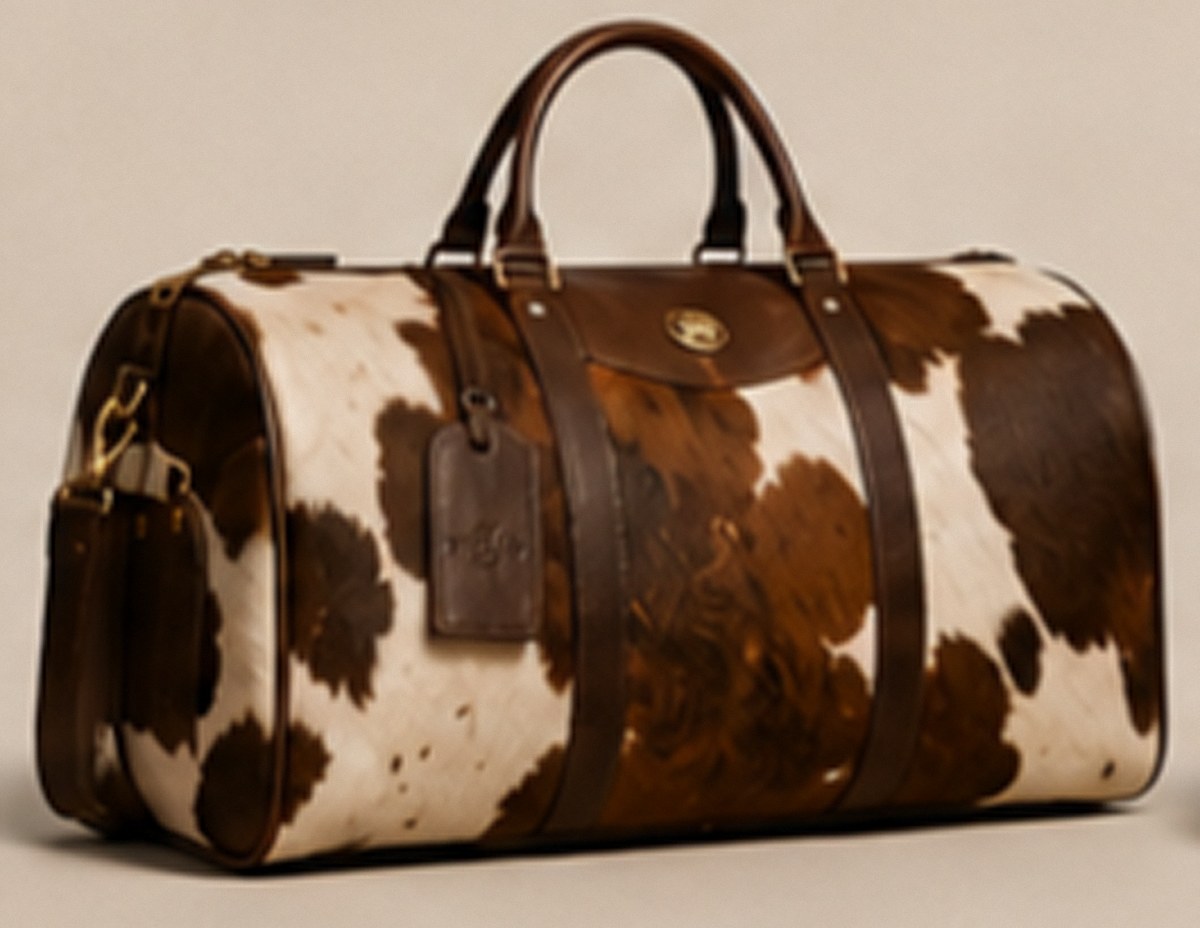 Nyika cowhide and brown leather duffel bag with luggage tag