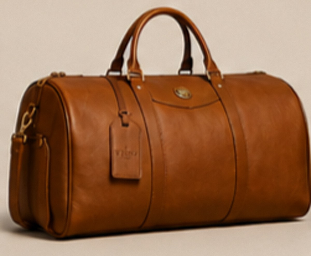 Safari tan leather duffel bag with brass hardware and luggage tag