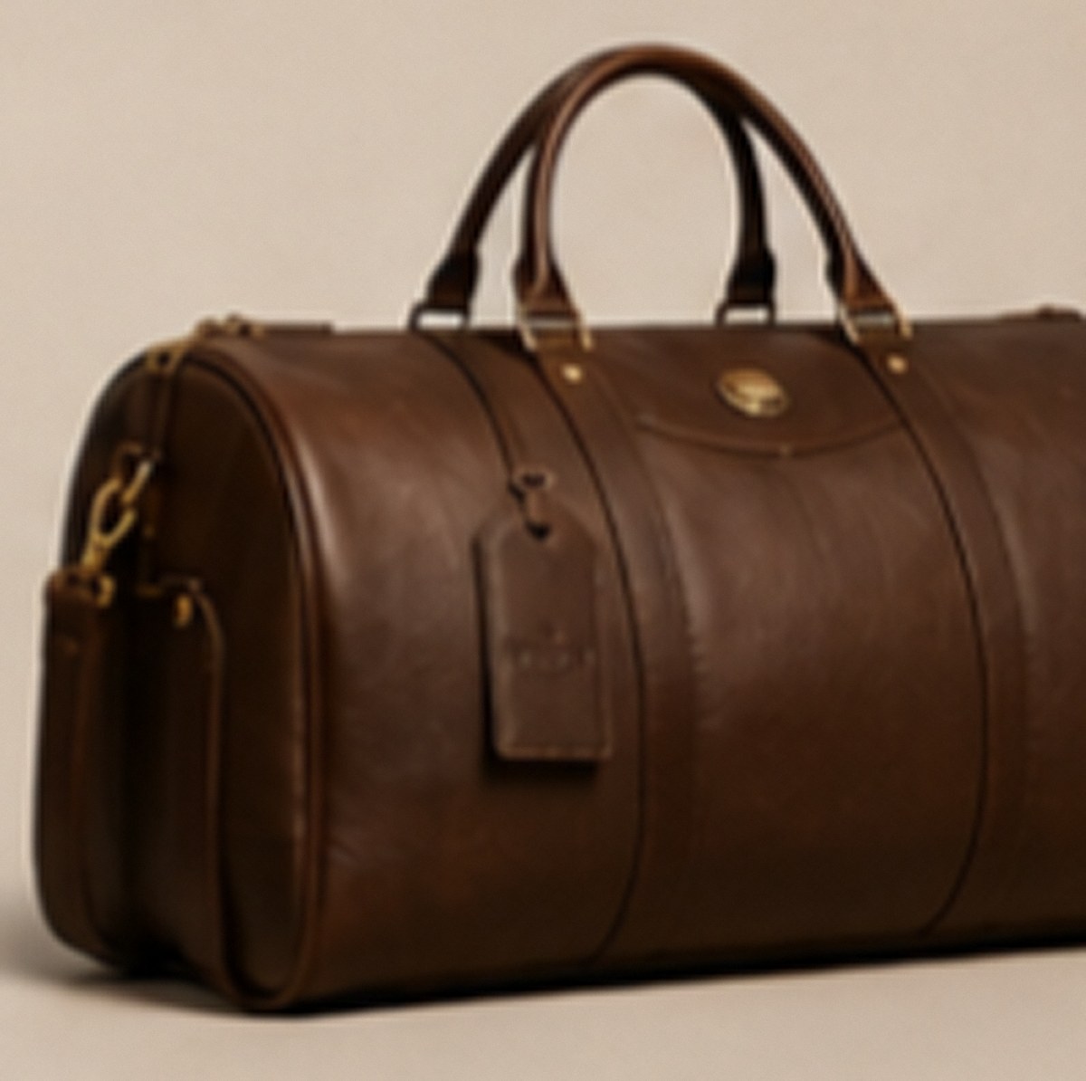 Savannah dark brown leather duffel bag with luggage tag