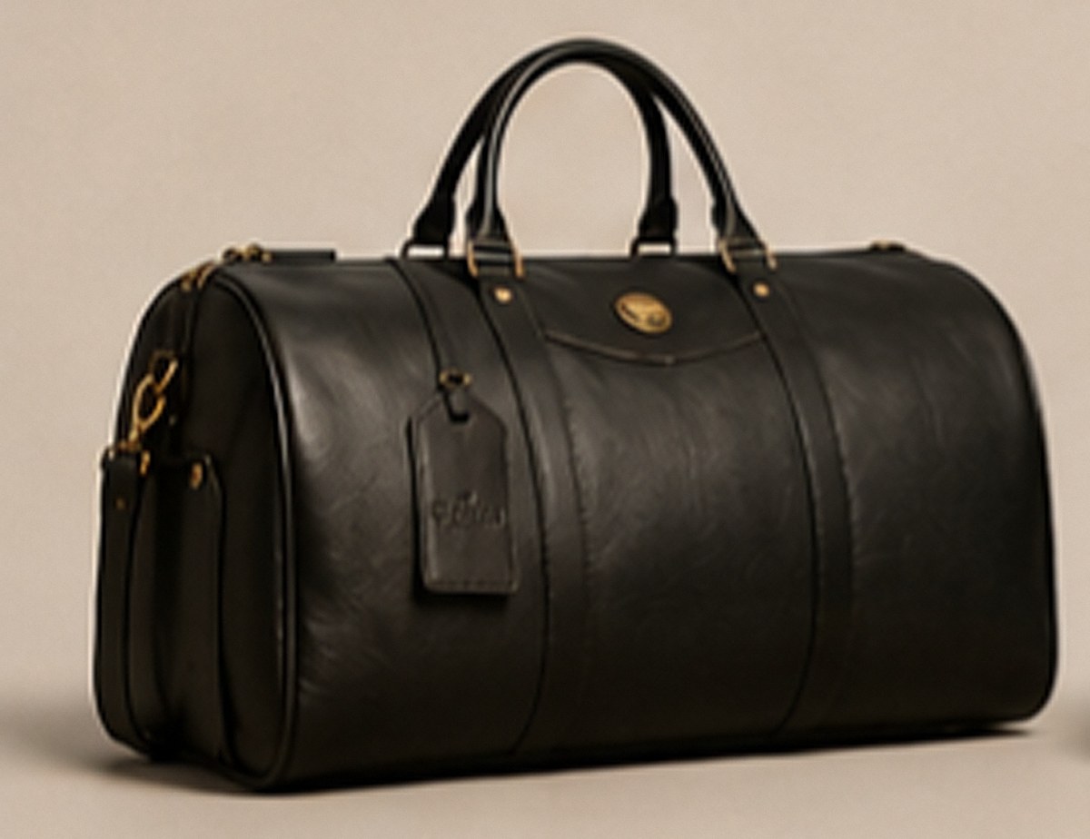 Zuri black full grain leather duffel bag with luggage tag