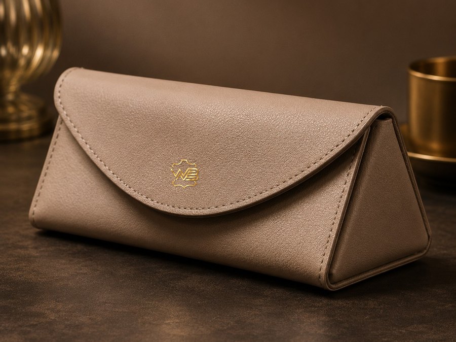 Taupe leather eyewear case with a gold emblem