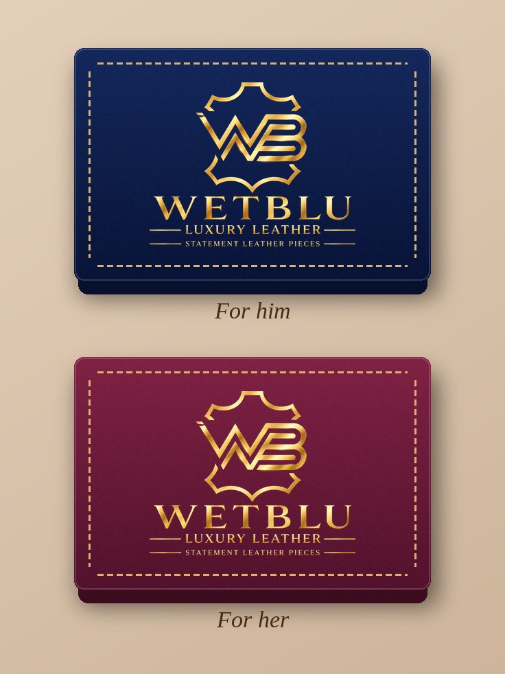 Navy and wine WetBlu gift boxes with gold logo