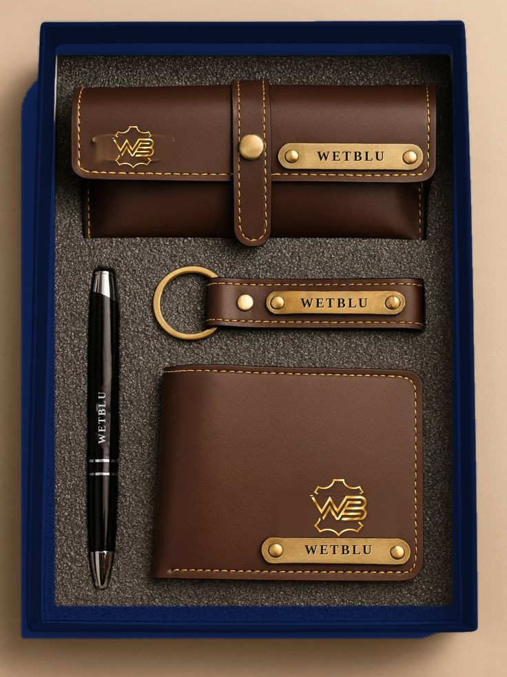 WetBlu gift set with eyewear case, keyring, wallet and pen in a navy gift box