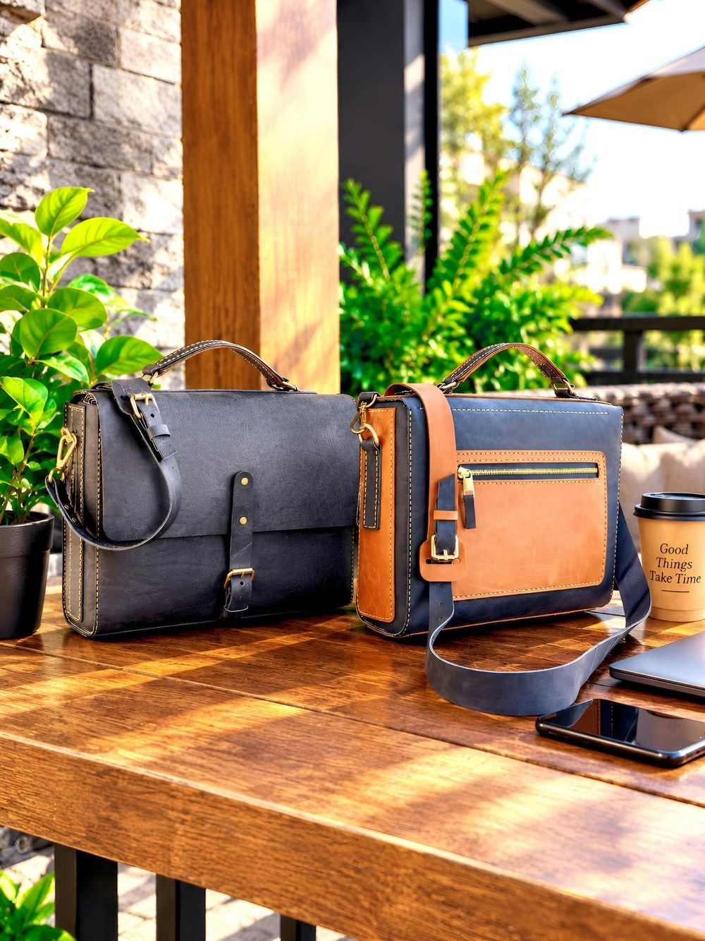 KAKA2 laptop bags in navy and in tan and navy on a wooden table, with a coffee cup and laptop