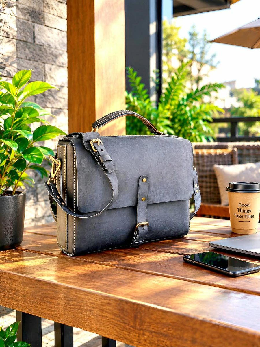 KAKA2 navy leather laptop bag on a table with a coffee cup and laptop