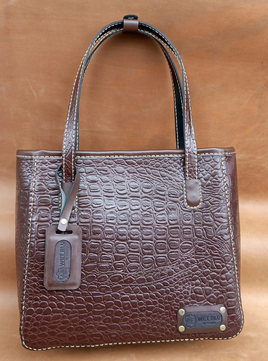 LÈ-KIONDO brown croc-embossed leather tote with luggage tag