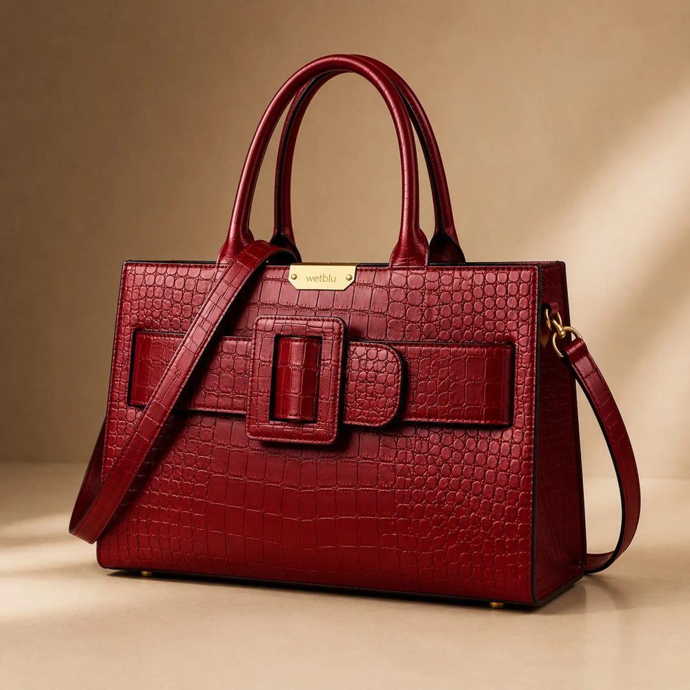 Malkia red croc-embossed leather tote with gold WetBlu plate and buckled front strap