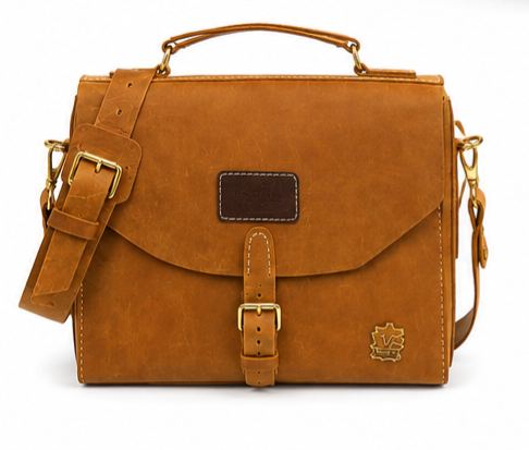 Kaka tan leather laptop bag with brass buckle and shoulder strap