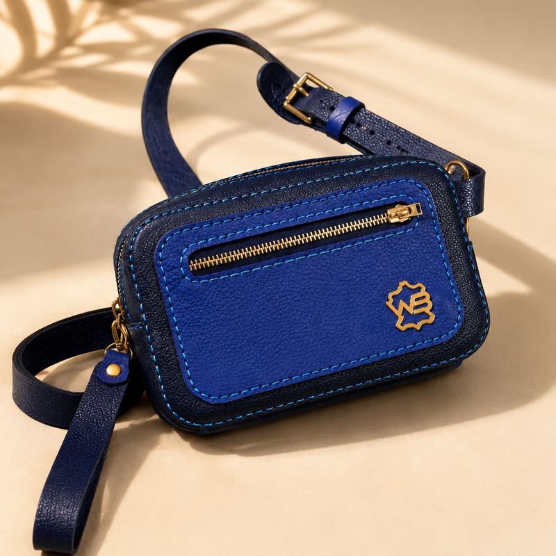 Slinger royal blue leather sling bag with gold zip and gold monogram badge