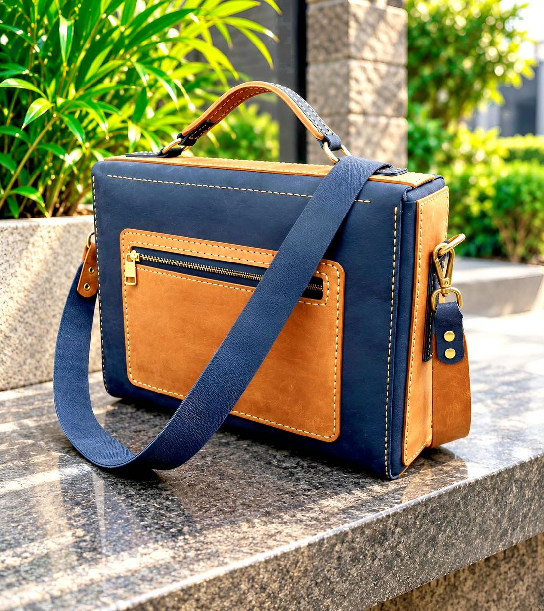 KAKA2 laptop bag in navy and tan leather with a front zip pocket
