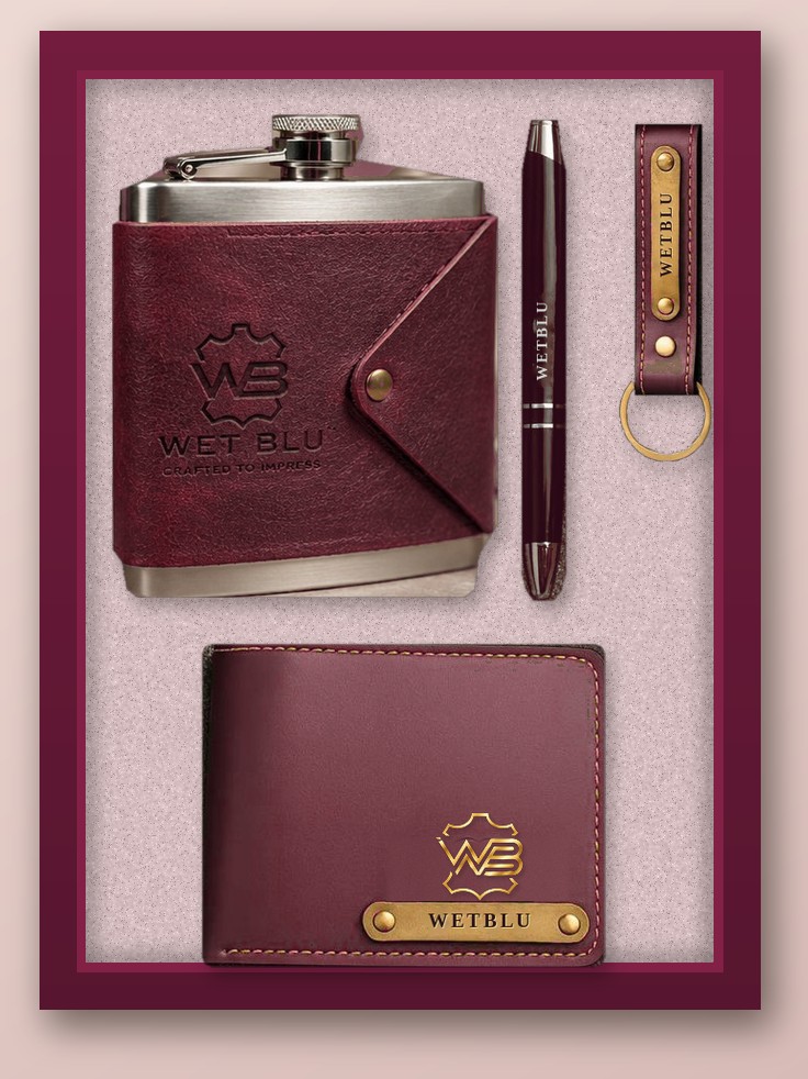 WetBlu Hers gift set: leather-wrapped flask, pen, keyring and wallet in wine and blush