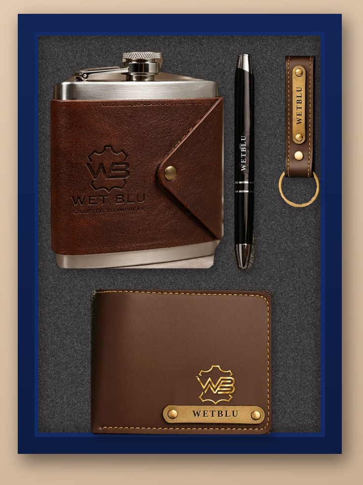 WetBlu His gift set: leather-wrapped flask, pen, keyring and wallet in navy and brown